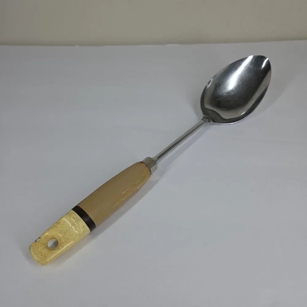 Vtg Ekco USA Chromium Plated Serving Cooking Spoon Painted Wooden Handle